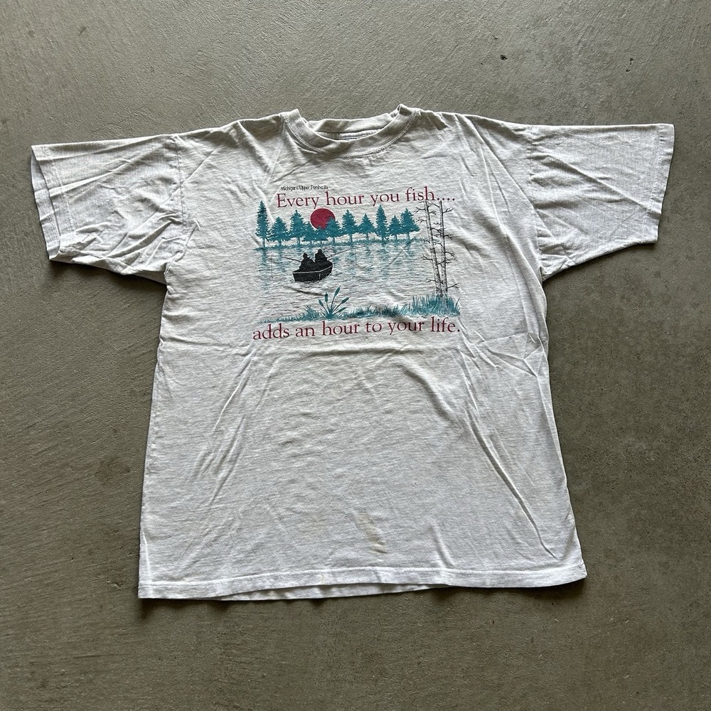 Vintage 90s Michigan's Upper Peninsula Shirt Size XL Gray Fishing Outdoor Nature